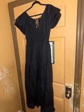 ARULA Navy Maxi Dress with Smocked Waist and Tie Neck